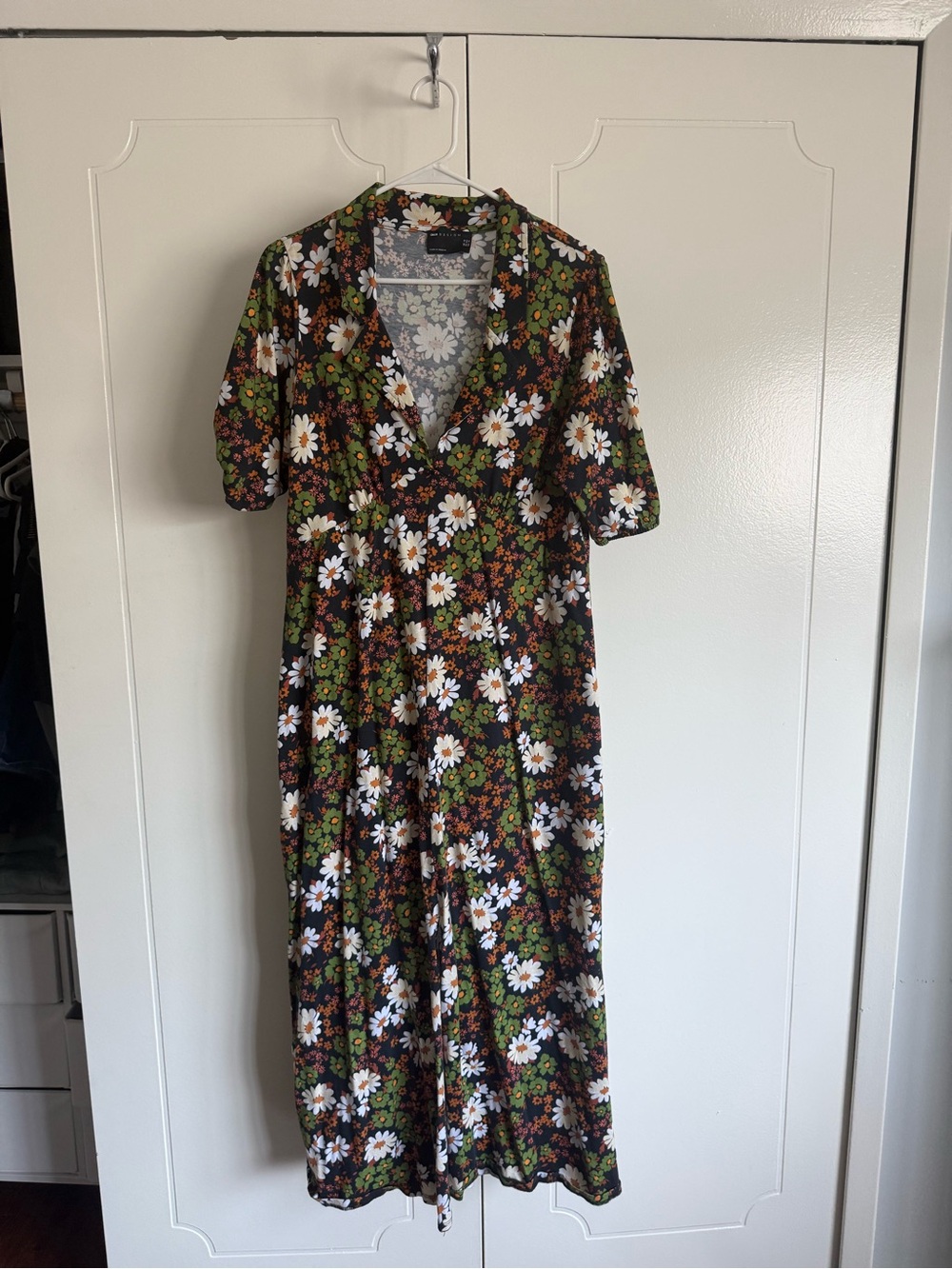 ASOS Black Floral V-Neck Midi Dress with White and Green Daisy Print